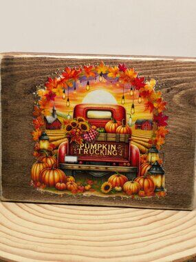 Handcrafted Decor, Mini Wood Sign, Vintage Truck & Pumpkins "Pumpkin Trucking"